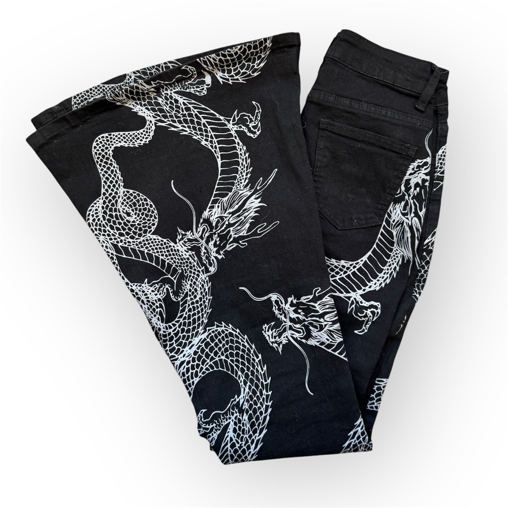 Romwe Grunge Punk Chinese Dragon Print Flare Leg Jeans XS - Picture 2 of 6